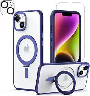 For iPhone 14 Plus 6.7 inch Case with Magnetic Invisible Stand [Compatible with Magsafe] Shockproof Slim Translucent Matte Cover [Tempered Glass Screen Protector + Camera Lens Protector] Blue
