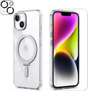 For iPhone 14 Plus 6.7 inch Case with Magnetic Invisible Stand [Compatible with Magsafe] Shockproof Slim Translucent Matte Cover [Tempered Glass Screen Protector + Camera Lens Protector] Clear