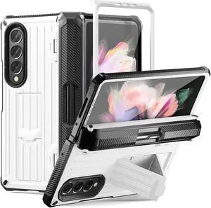 Case for Samsung Galaxy Z Fold 3 5G 2021, Military-Grade Full-Body Shockproof Rugged Bumper Case Cover with Built-in Screen Protector & Kickstand & S Pen Slot White