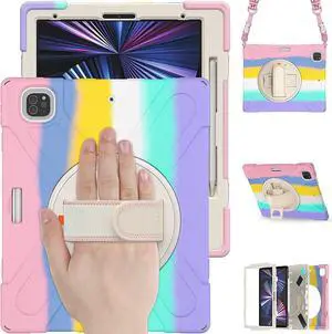 Case for Apple iPad Pro 12.9 Inch 2022 2021 2020 2018 6th/5th/4th/3th Generation, Heavy Duty Shockproof Case with Pencil Holder, Shoulder Strap, Hand Strap, Kickstand