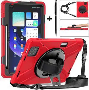 Protective Case for Xiaomi Mi Pad 6 / 6 Pro 11 Inch 2023 with Stylus Holder & Kickstand, Portable Heavy Duty Hybrid ShockProof Cover with 360° Rotatable Handle, Shoulder Strap, Stylus Pen Red
