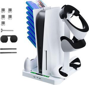 Magnetic Charging Station Dock for Controllers of PSVR 2 & PS5, Storage Stand for PS5 Console with Dual Cooling Fan, Silicone Lens Protective Cover, Mount Holder for PS VR2 Headset and Game Slot