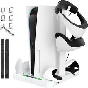 Cooling Fan Stand for PS5 Console, PSVR 2 Charging Station for PS VR2 Sense Controller, Charger Dock with PlayStation5 Accessories VR Headset Holder, Magnetic Plug, LED Indicator