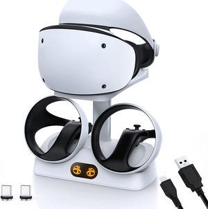Controller Charging Station for PSVR2, Dual Fast Charger Dock with LED Light, Headset Display Stand and Controller Mount, Magnetic Connector, USB to Type-C Cable, White