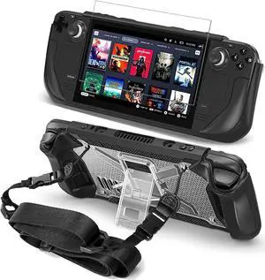 Full Protective Shockproof Case for Steam Deck, Back Shell Case Cover Compatible with Steam Deck with Foldable Kickstand, Screen Protector, Shoulder Strap