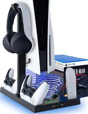 Vertical Stand with Cooling Fan for PS5 Console and PS5 Digital Edition, PS5 Dualsense Charging Station, Charging Station Dock with Dual Controller Charger Ports and Retractable Game Storage for PS5