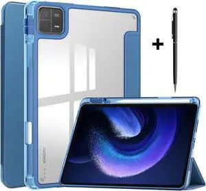 Protective Case for Xiaomi Mi Pad 6 / 6 Pro 11 Inch 2023 with S Pen Holder, Universal Stylus Pen,Transparent Hard Shell Back Trifold Smart Stand Cover Blue
