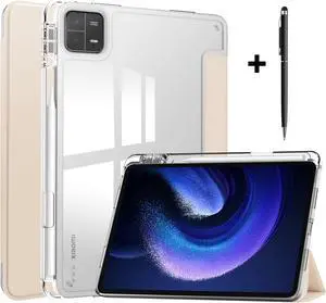 Protective Case for Xiaomi Mi Pad 6 / 6 Pro 11 Inch 2023 with S Pen Holder, Universal Stylus Pen,Transparent Hard Shell Back Trifold Smart Stand Cover Apricot