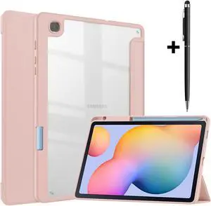 Slim Case for Samsung Galaxy Tab S6 Lite 10.4 Inch 2022 2020 Model SM-P610/P613/P615/P619 with S Pen Holder, Stylus Pen, Shockproof Cover with Clear Transparent Back Shell Rose Gold