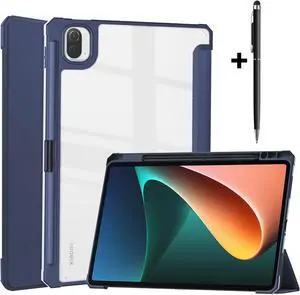 Case For Xiaomi Pad 5 / Pad 5 Pro 11 Inch, Transparent Hard Back Cover Trifold Smart Stand Cover with Pen Holder, Stylus Pen, Auto Wake/Sleep Blue