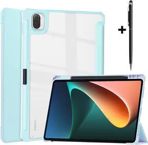 Case For Xiaomi Pad 5 / Pad 5 Pro 11 Inch, Transparent Hard Back Cover Trifold Smart Stand Cover with Pen Holder, Stylus Pen, Auto Wake/Sleep Sky Blue