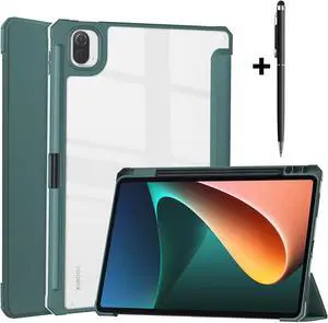 Case For Xiaomi Pad 5 / Pad 5 Pro 11 Inch, Transparent Hard Back Cover Trifold Smart Stand Cover with Pen Holder, Stylus Pen, Auto Wake/Sleep Dark Green