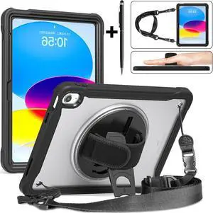 iPad 10th Generation Case 2022 10.9 Inch with Pencil Holder, Clear Transparent Back, 360 Rotating Stand + Hand/Shoulder Strap + 2 in 1 Stylus Pen, Heavy Duty Shcokproof Cover