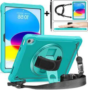 iPad 10th Generation Case 2022 10.9 Inch with Pencil Holder, Clear Transparent Back, 360 Rotating Stand + Hand/Shoulder Strap + 2 in 1 Stylus Pen, Heavy Duty Shcokproof Cover Blue