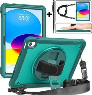 iPad 10th Generation Case 2022 10.9 Inch with Pencil Holder, Clear Transparent Back, 360 Rotating Stand + Hand/Shoulder Strap + 2 in 1 Stylus Pen, Heavy Duty Shcokproof Cover Dark Green