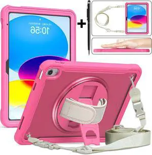 iPad 10th Generation Case 2022 10.9 Inch with Pencil Holder, Clear Transparent Back, 360 Rotating Stand + Hand/Shoulder Strap + 2 in 1 Stylus Pen, Heavy Duty Shcokproof Cover Rose Red