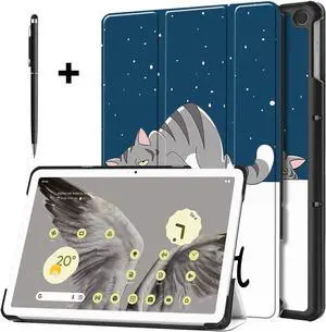 Google Pixel Tablet Case 11 Inch 2023, Slim Stand Protective Case Smart Folio Cover with 2 in 1 Stylus Pen Lazy Cat