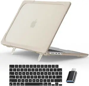 MacBook Air 15 inch Case 2023 Release A2941 M2 Chip with Liquid Retina Display Touch ID, Heavy Duty Hard Shell Dual Layer Protective Cover with Fold Kickstand & Keyboard Cover, Type C Adapter Khaki