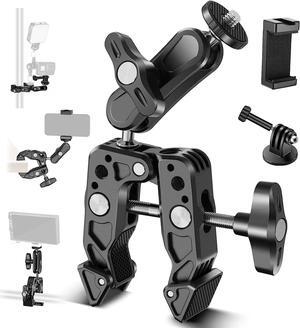Super Clamp with Magic Arm with Phone Holder & Action Camera Mount, All Metal 360° Double Ball Head with 1/4" & 3/8" Thread, Compatible with Smallrig GoPro Insta360