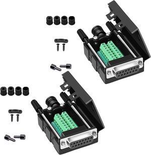 DB15 Solderless Serial to 15-pin Port Terminal Female Adapter Connector Breakout Board with Case Long Bolts Nuts (2PCS Female)