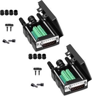 DB15 Solderless Serial to 15-pin Port Terminal Male Adapter Connector Breakout Board with Case Long Bolts Nuts (2PCS Male)