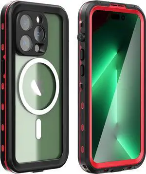 for iPhone 14 Pro Case Waterproof, Compatible with Magsafe Magnetic Protective iPhone 14 Pro Phone Case, Water Proof Mag Safe Magnet Shockproof Full Body Clear with Screen Protector Red