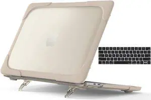 For MacBook Pro 13 Case 2019 2018 2017 2016 Release A2159 A1989 A1706 A1708, Heavy Duty Plastic Hard Shell Shockproof Cover with Fold Kickstand & Keyboard Cover Khaki