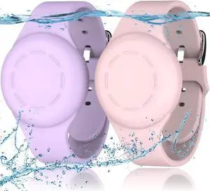 Waterproof Air Tag Bracelets for Kids [2 Pack] Compatible with Apple Air Tag Finders with Soft Silicone,Anti Lost GPS Item Finders Case Cover for Kids Pink/Purple