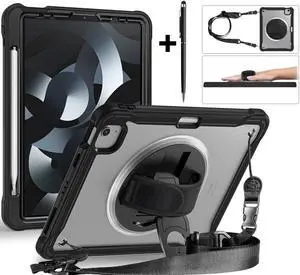 Case For iPad Air 5th/4th Generation 10.9 Inch 2022 2020/iPad Pro 11 2022/2021/2020/2018, Shcokproof Cover with Clear Transparent Back, Pencil Holder, Rotating Stand, Hand/Shoulder Strap, Stylus Pen