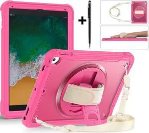 Case For iPad 6th 5th Generation, iPad 9.7 Inch 2018 2017, iPad Air 2, iPad Pro 9.7 Shcokproof Cover with Transparent Back, Pencil Holder, Rotating Stand, Hand/Shoulder Strap, Stylus Pen Rose Red