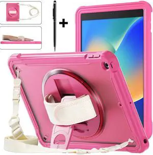 Case For iPad 9th 8th 7th Generation 10.2 inch 2021 2020 2019 Shcokproof Cover with Transparent Back, Pencil Holder, Rotating Stand, Hand/Shoulder Strap, Stylus Pen Rose Red