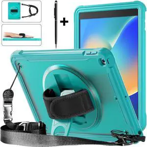 Case For iPad 9th 8th 7th Generation 10.2 inch 2021 2020 2019 Shcokproof Cover with Transparent Back, Pencil Holder, Rotating Stand, Hand/Shoulder Strap, Stylus Pen Blue