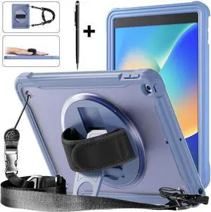 Case For iPad 9th 8th 7th Generation 10.2 inch 2021 2020 2019 Shcokproof Cover with Transparent Back, Pencil Holder, Rotating Stand, Hand/Shoulder Strap, Stylus Pen Lavender
