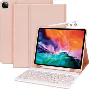 Wireless Keyboard Case for iPad Pro 12.9 inch 2022 2021 2020 2018 6th / 5th / 4th / 3th Generation, Slim Protective Cover with Detachable Keyboard, Pencil Holder Pink