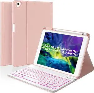Keyboard Case For iPad 10.2 inch 9th 8th 7th 2021/2020/2019, iPad Pro 10.5 inch/iPad Air 3 10.5, Backlit 7 Colors Wireless Detachable Keyboard with Protective Cover with Pen Holder Pink