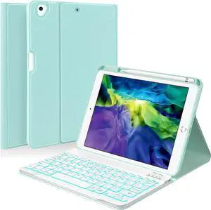 Keyboard Case For iPad 10.2 inch 9th 8th 7th 2021/2020/2019, iPad Pro 10.5 inch/iPad Air 3 10.5, Backlit 7 Colors Wireless Detachable Keyboard with Protective Cover with Pen Holder Mint Green
