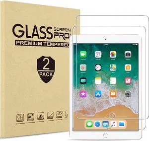 [2 Pack] Tempered Screen Protector For iPad 9.7 inch 2018 & 2017 / iPad Pro 9.7 / iPad Air 2 / Air 1 Tempered Glass Film Protector, Face ID & Apple Pencil & Case Compatible