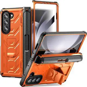 For Samsung Galaxy Z Fold 5 Case with S Pen Holder Built-in Kickstand & Screen Protector, 360° Full-Body & Hinge Protection Rugged Heavy Duty Phone Cover for Galaxy Z Fold 5 2023 Orange