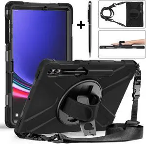 Protective Case for Samsung Galaxy Tab S9 Plus 2023 / S8 Plus 2022 / S7 FE 2021 / S7 Plus 2020 12.4 inch Tablet Shockproof Cover with 360 Degree Rotating Kickstand, Hand/Shoulder Strap Black