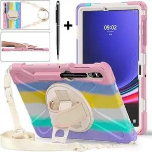 Protective Case for Samsung Galaxy Tab S9 Plus 2023 / S8 Plus 2022 / S7 FE 2021 / S7 Plus 2020 12.4 inch Tablet Shockproof Cover with 360 Degree Rotating Kickstand, Hand/Shoulder Strap Pink/White