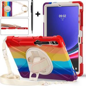 Protective Case for Samsung Galaxy Tab S9 Plus 2023 / S8 Plus 2022 / S7 FE 2021 / S7 Plus 2020 12.4 inch Tablet Shockproof Cover with 360 Degree Rotating Kickstand, Hand/Shoulder Strap Rainbow Red