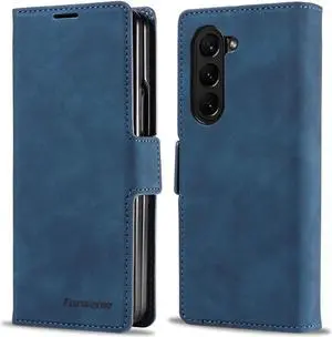 For Samsung Galaxy Galaxy Z Fold 5 Case, Premium PU Leather Cover TPU Bumper with Card Holder Kickstand Hidden Magnetic Shockproof Flip Wallet Case for Galaxy Z Fold 5 5G 2023 Released Blue
