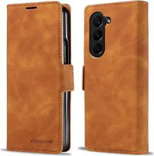 For Samsung Galaxy Galaxy Z Fold 5 Case, Premium PU Leather Cover TPU Bumper with Card Holder Kickstand Hidden Magnetic Shockproof Flip Wallet Case for Galaxy Z Fold 5 5G 2023 Released Orange