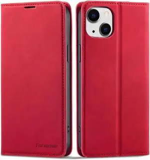 Case for iPhone 15 5G 6.1 inch Premium PU Leather Cover with Card Holder Kickstand Shockproof Flip Wallet Cover Red