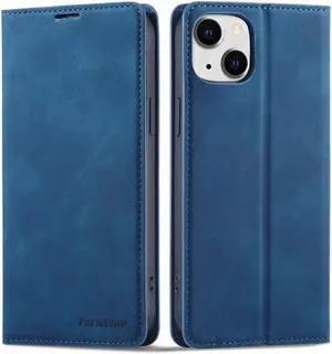 Case for iPhone 15 5G 6.1 inch Premium PU Leather Cover with Card Holder Kickstand Shockproof Flip Wallet Cover Blue
