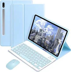 Keyboard Case with Wireless Mouse Combo for 12.4 inch Samsung Galaxy Tab S8 Plus 2022 / S7 FE 2021 / S7 Plus 2020, Smart Folio Cover with Magnetic Detachable Wireless Keyboard, Bluetooth Mice Blue