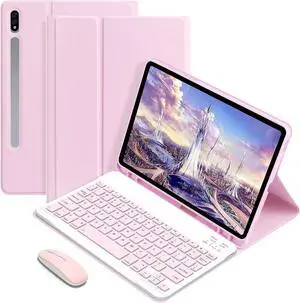 Keyboard Case with Wireless Mouse Combo for 12.4 inch Samsung Galaxy Tab S8 Plus 2022 / S7 FE 2021 / S7 Plus 2020, Smart Folio Cover with Magnetic Detachable Wireless Keyboard, Bluetooth Mice Pink