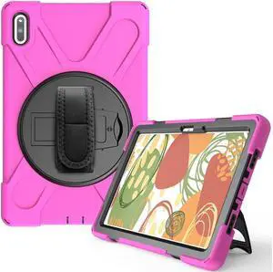 Huawei MatePad 10.4 inch 2020 2022 Case with Pencil Holder, Rotatable Kickstand, Hand Strap and Shoulder Belt Shockproof Protective Cover Rose Red