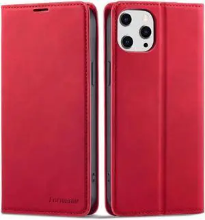 Case for iPhone 15 Pro 6.1 inch Premium PU Leather Cover with Card Holder Kickstand Shockproof Flip Wallet Cover Red