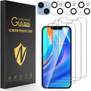 [3+3 Pack] iPhone 15 6.1 Inch Screen Protector with Camera Lens Protector, 9H Shatterproof Tempered Glass Film with Easy Installation Frame, HD Clear Sensitive Full Coverage